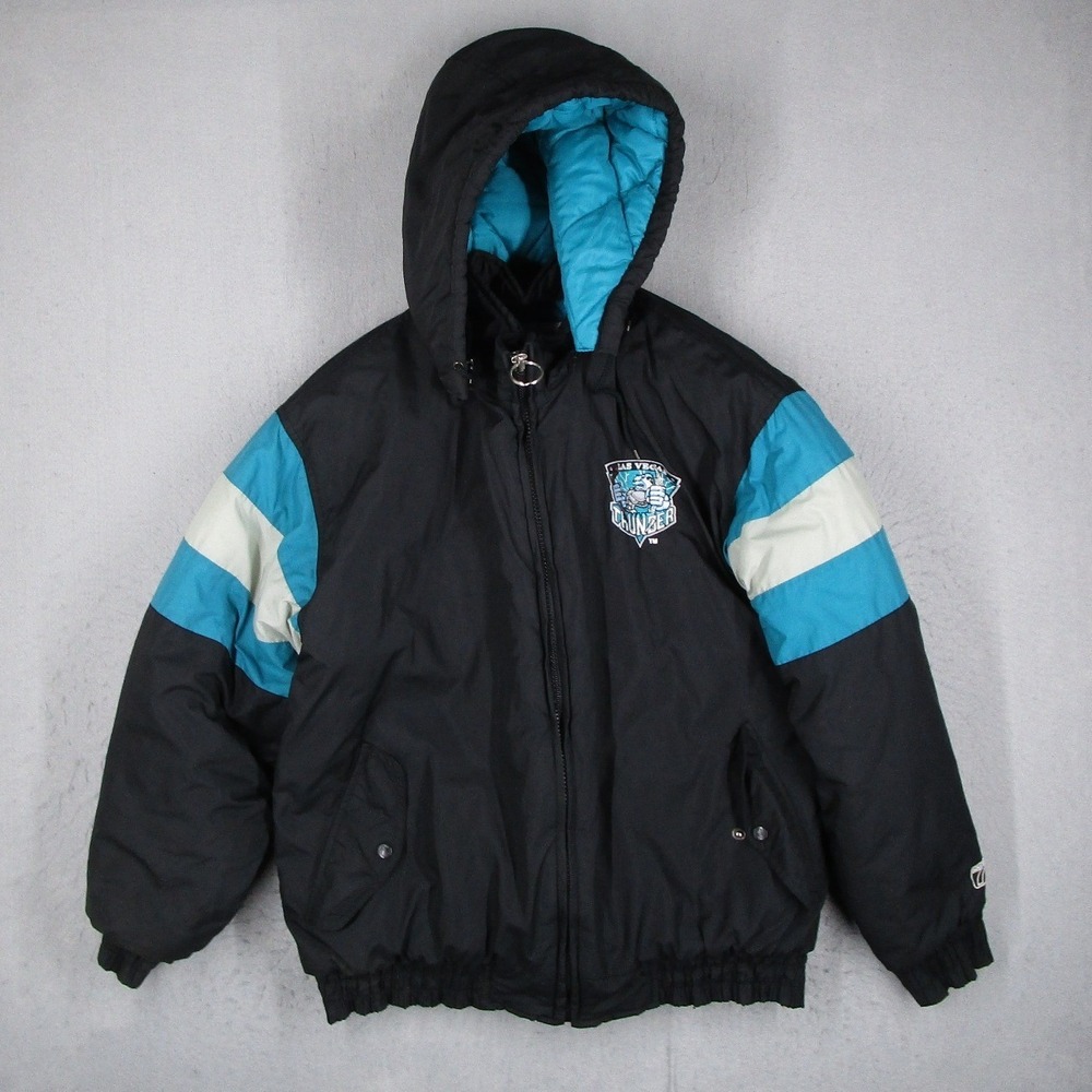 Vintage Logo 7 Las Vegas Thunder IHL Hockey Puffer Jacket Mens Large M5511 Black